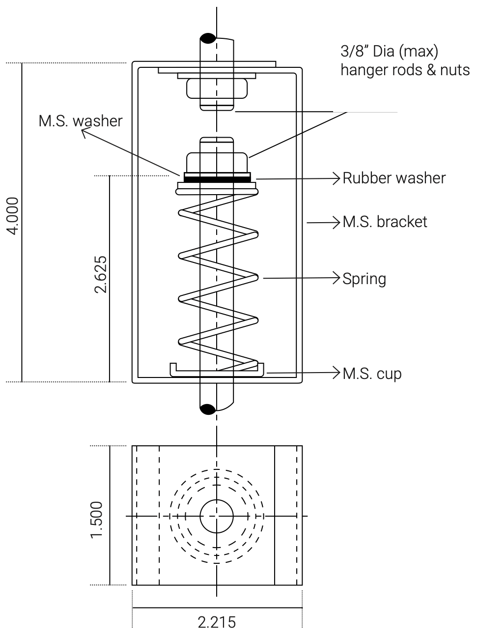 Dimensions in inches. M.S. = mild steel. Hanger rods and nuts not included.