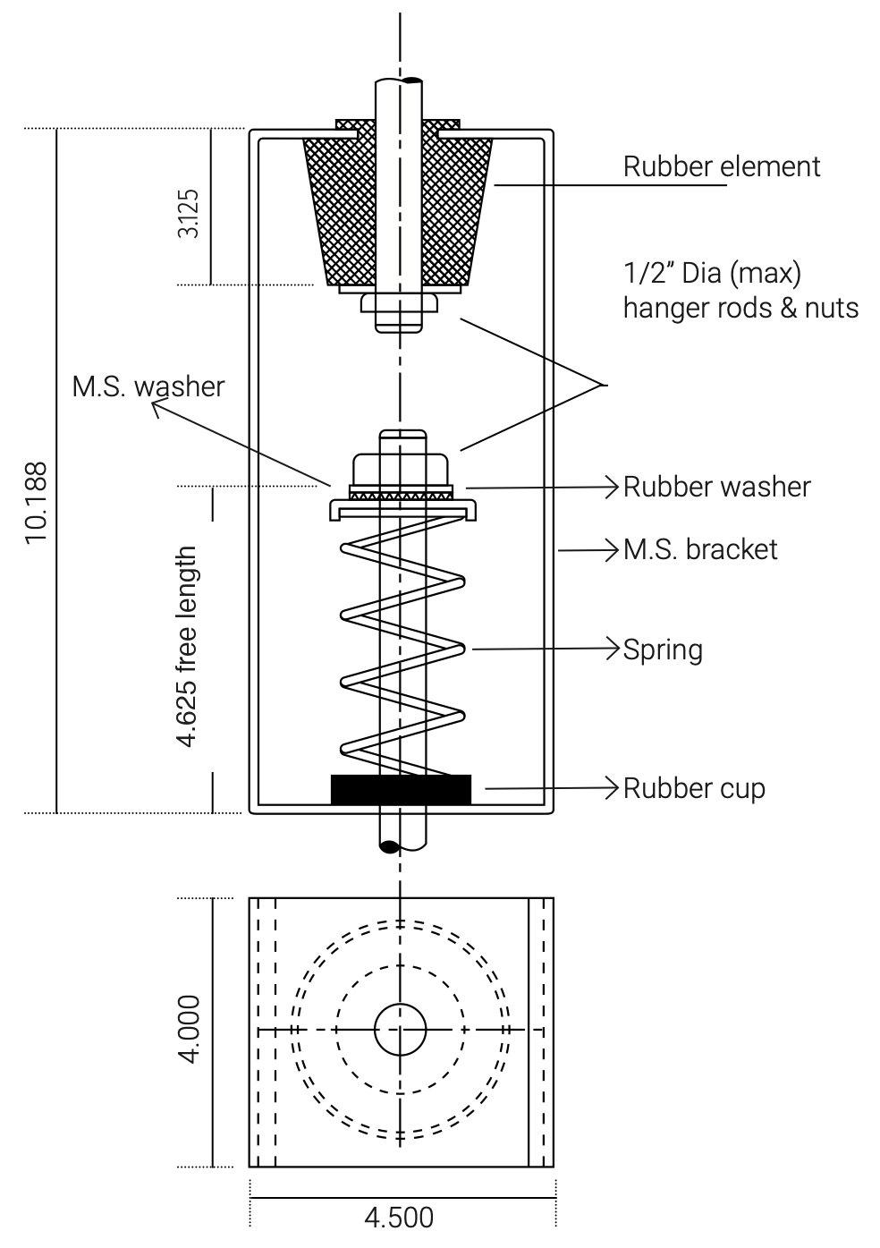 Dimensions in inches. M.S. = mild steel. Hanger rods and nuts not included.