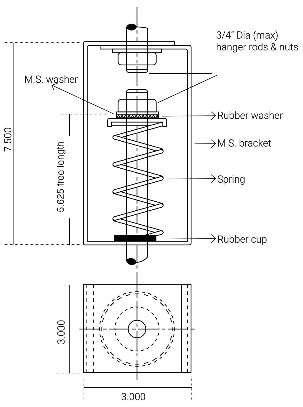 Dimensions in inches. M.S. = mild steel. Hanger rods and nuts not included.
