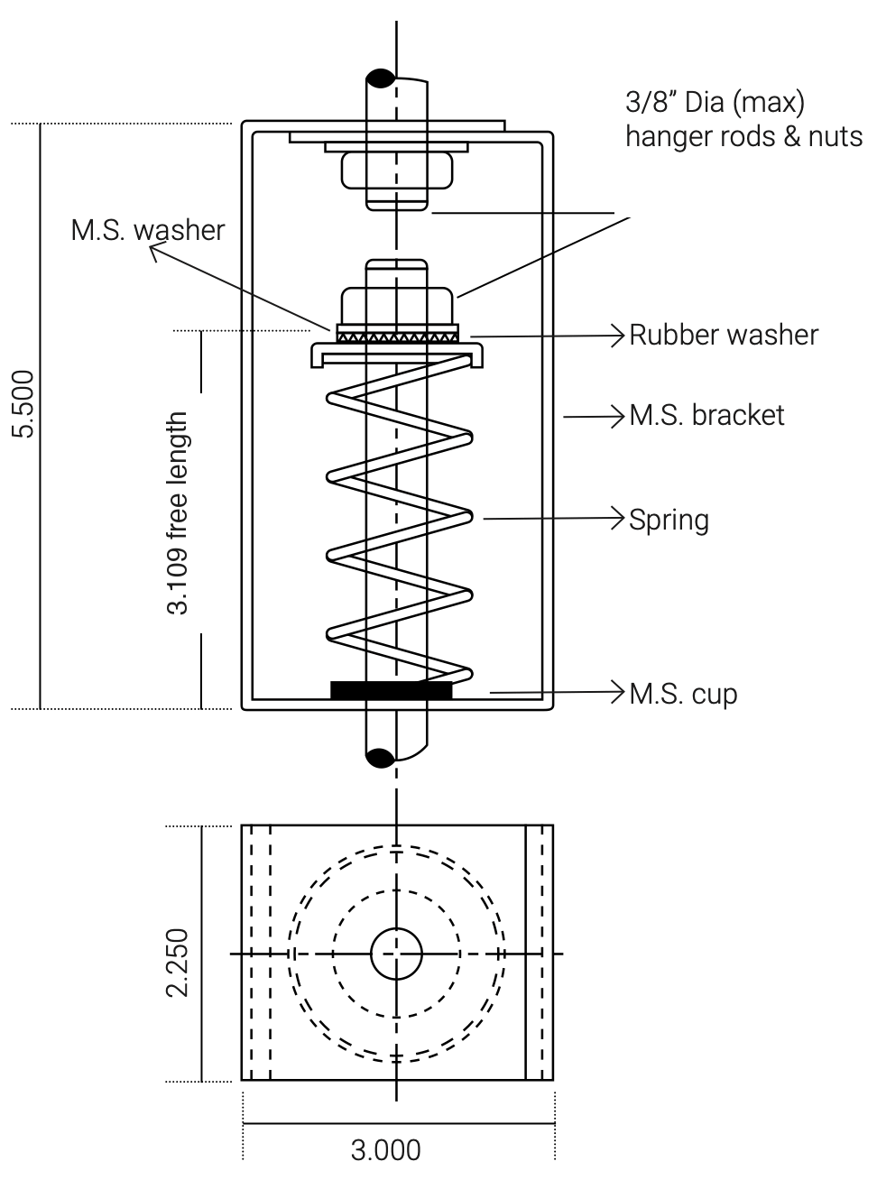 Dimensions in inches. M.S. = mild steel. Hanger rods and nuts not included.