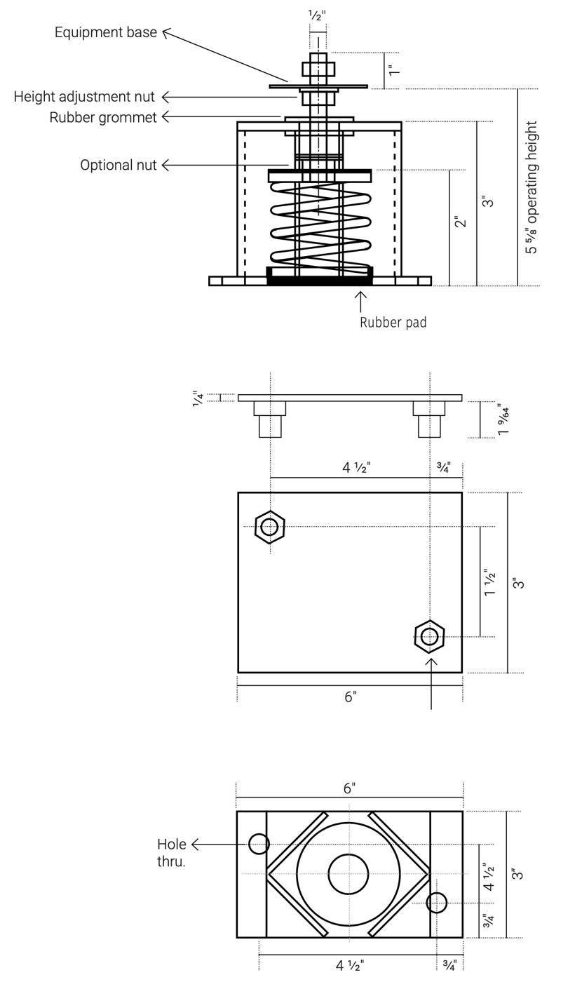 Dimensions in inches. Operating height 5 ⅝". Mounting stud: ⅝" with nut (2 pcs).
