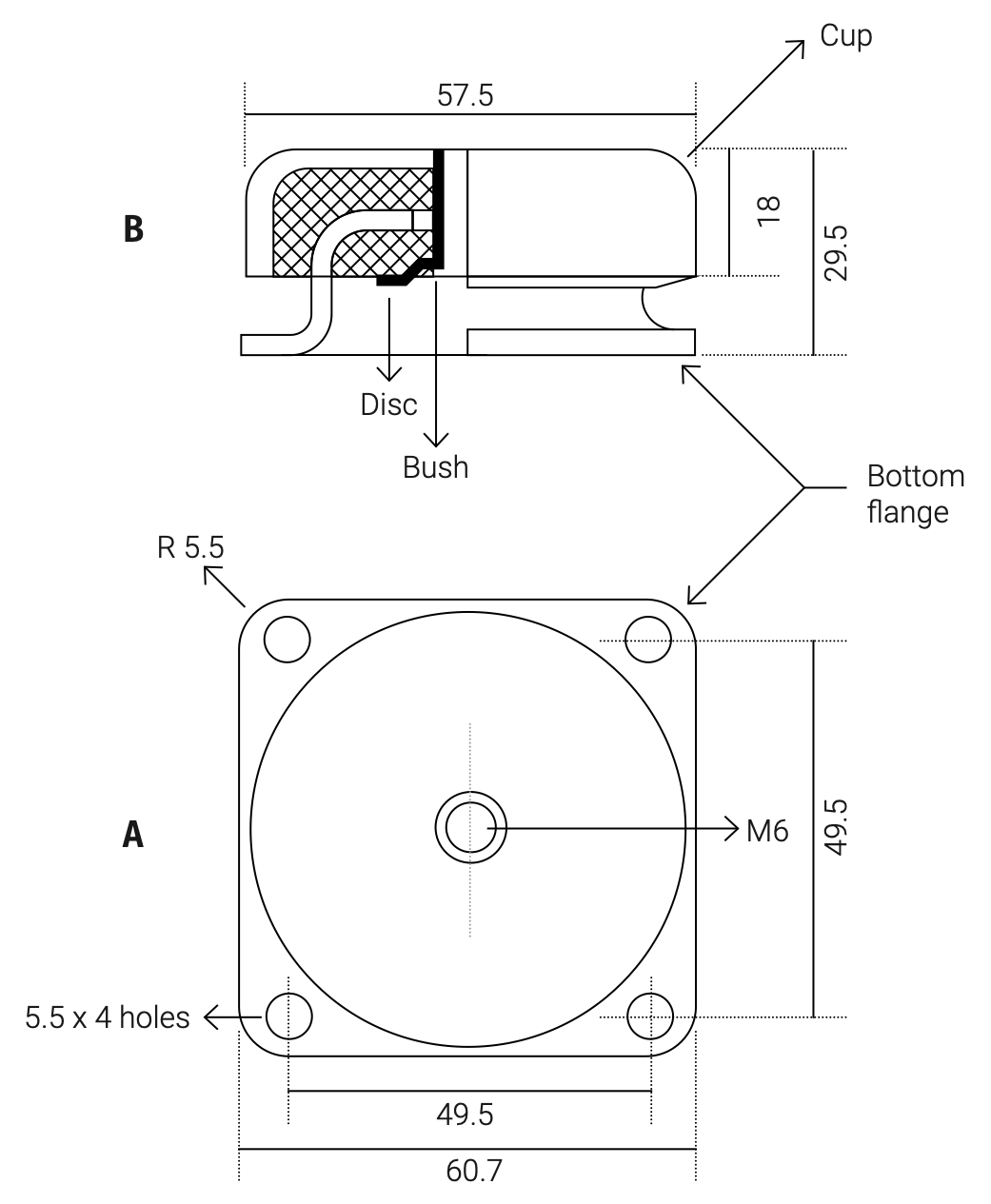 Dimensions in millimetres, identical for all five models. Thread: M6. Mounting holes: 4 x Ø 5.5 mm.