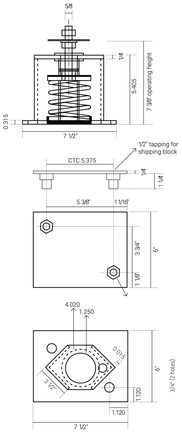 Dimensions in inches. Mounting studs: ½" with nut (2 pcs).